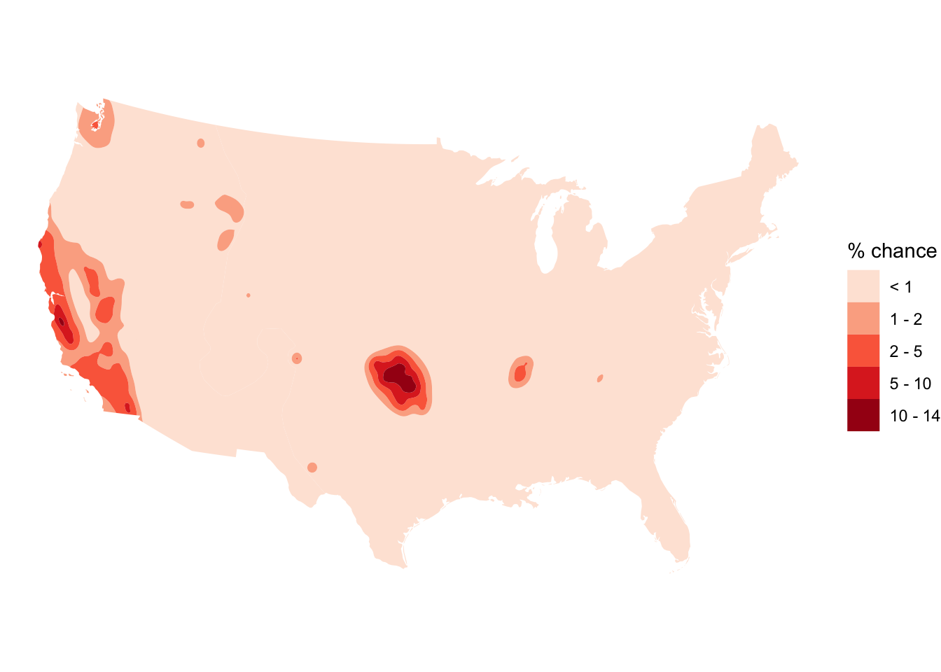 Choropleth map of the United States shaded by percentage chance, with a legend indicating five categories: &lt;1%, 1–2%, 2–5%, 5–10%, and 10–14%. Darker red indicates higher percentages. Notable high-percentage areas appear in parts of California, Utah, Colorado, and smaller regions in the Midwest.