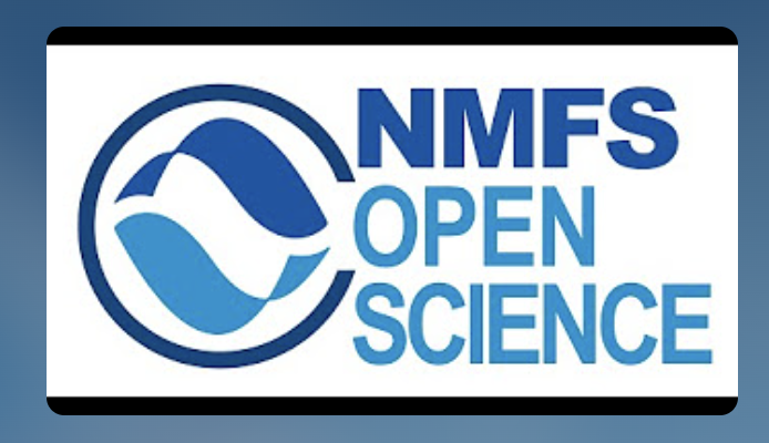 Logo for NMFS Open Science, featuring stylized ocean wave graphics in various shades of blue inside a circular emblem, with bold text reading "NMFS OPEN SCIENCE" to the right of the logo.