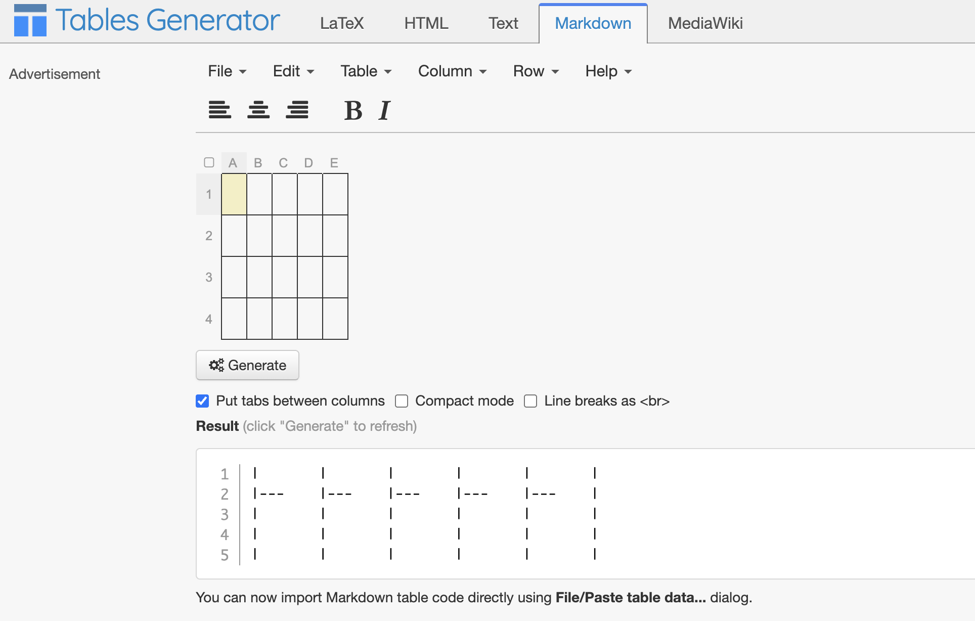 Screenshot of the Tables Generator interface on the Markdown tab. A 5-column, 4-row table is being edited with formatting options such as bold, italic, and text alignment above the grid. Below the grid, the generated Markdown table code is displayed. Checkboxes are available for options like Put tabs between columns, Compact mode, and Line breaks as br.
