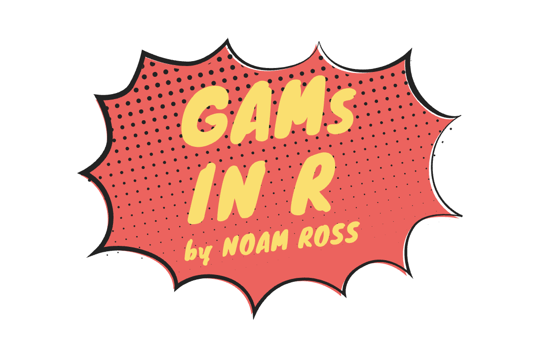 Comic book style explosion graphic with red halftone background and yellow text that reads GAMs IN R by NOAM ROSS.