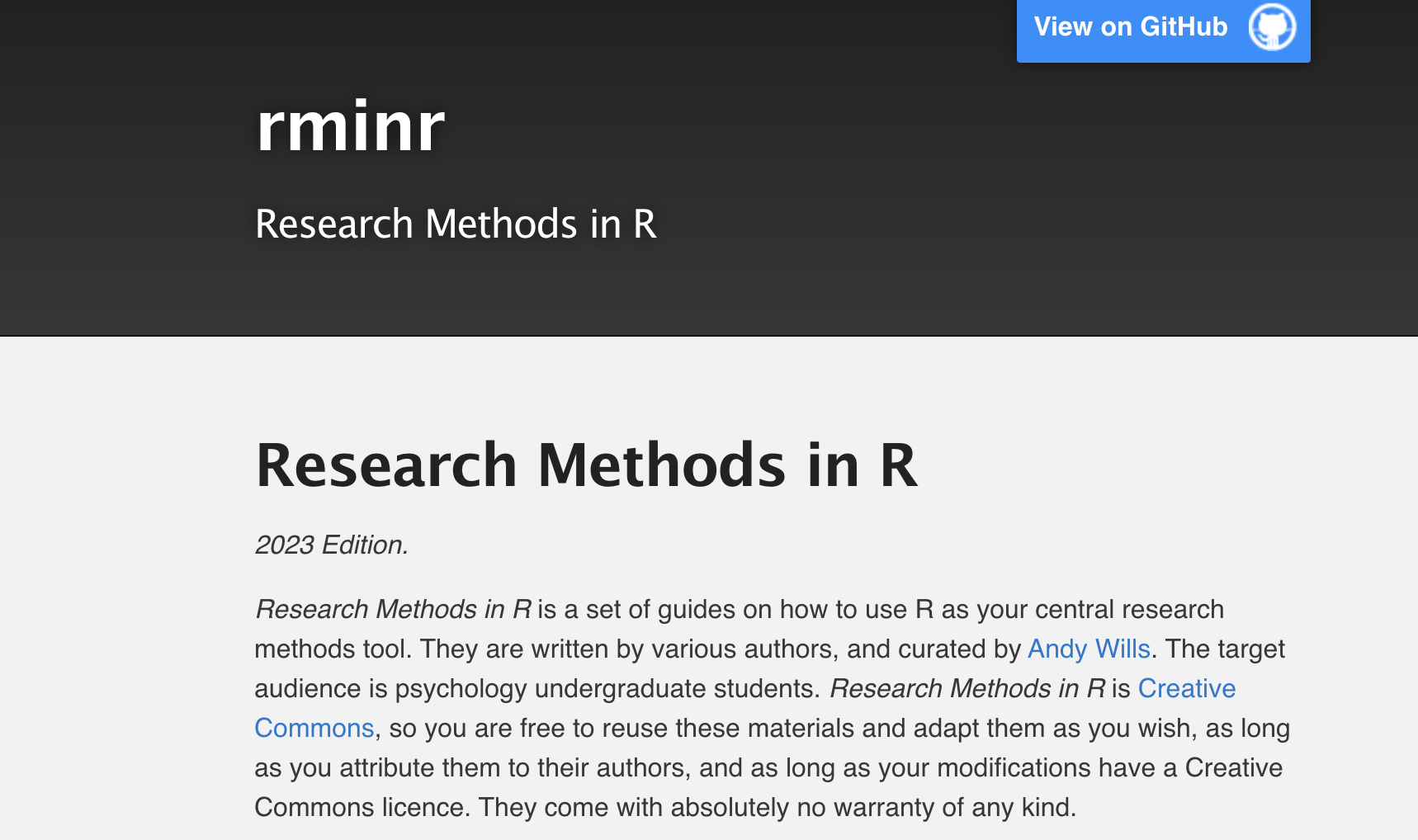 Screenshot of the &#039;rminr' website titled 'Research Methods in R.'The 2023 edition includes guides for using R in psychological research, aimed at undergraduate students. Materials are curated by Andy Wills and are available under a Creative Commons license. A 'View on GitHub' button is visible in the top right corner.