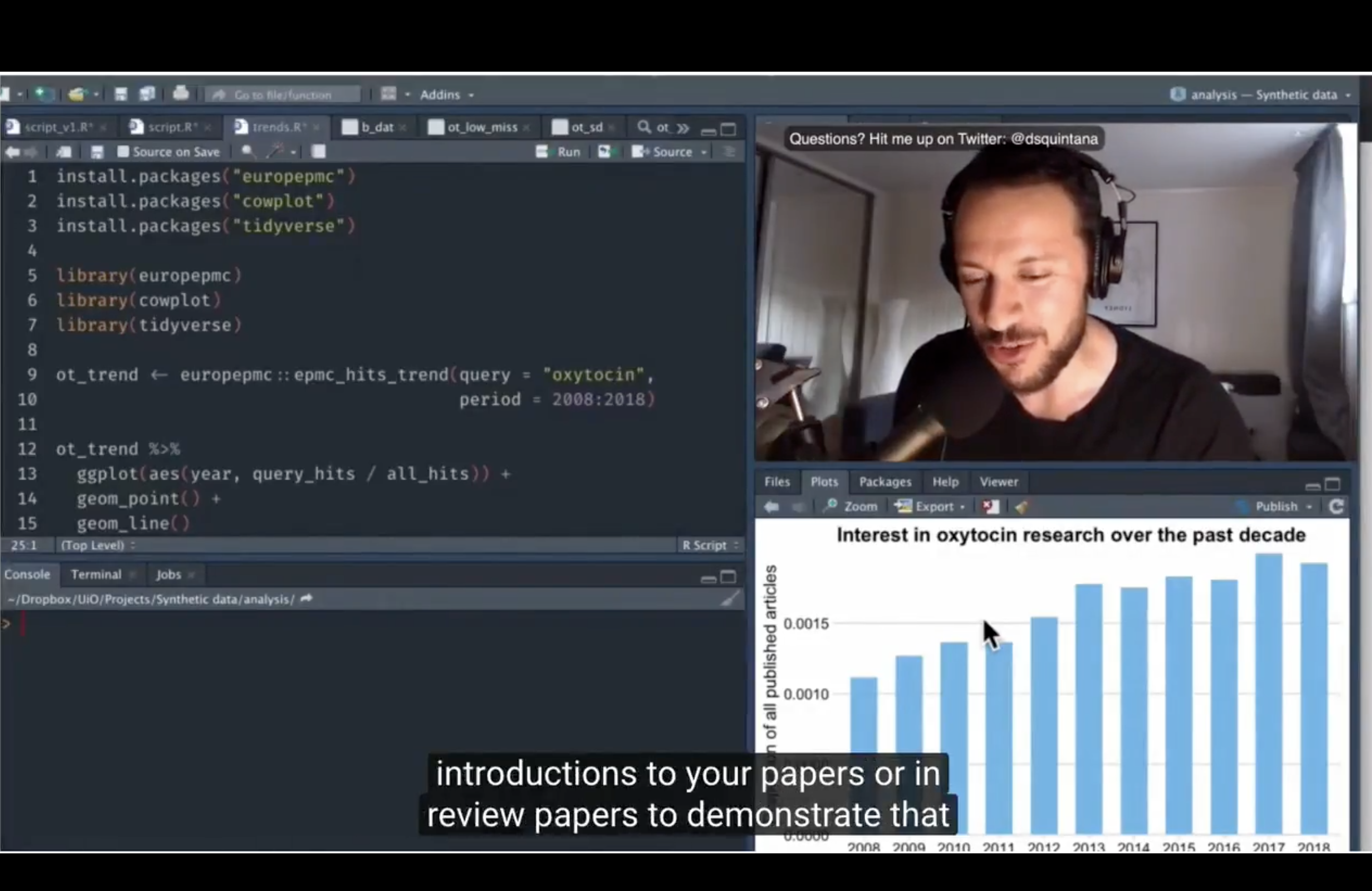 RStudio screenshot showing R code to plot the trend in oxytocin research over time. A man wearing headphones is speaking via video overlay, with a chart titled “Interest in oxytocin research over the past decade” displayed.