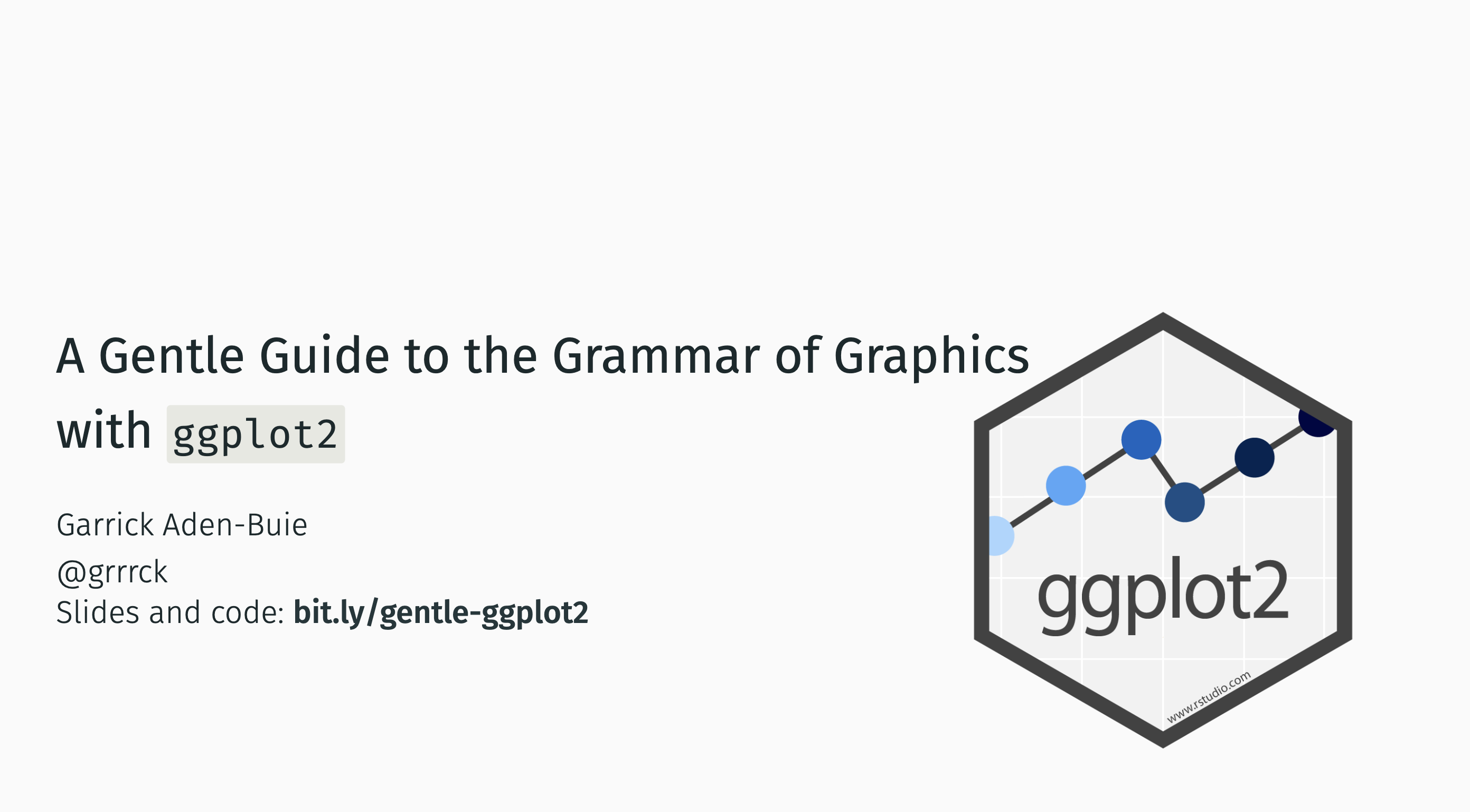 Slide titled “A Gentle Guide to the Grammar of Graphics with ggplot2” by Garrick Aden-Buie (@grrrck). Includes link to slides and code: bit.ly/gentle-ggplot2. The ggplot2 hex sticker is shown on the right.