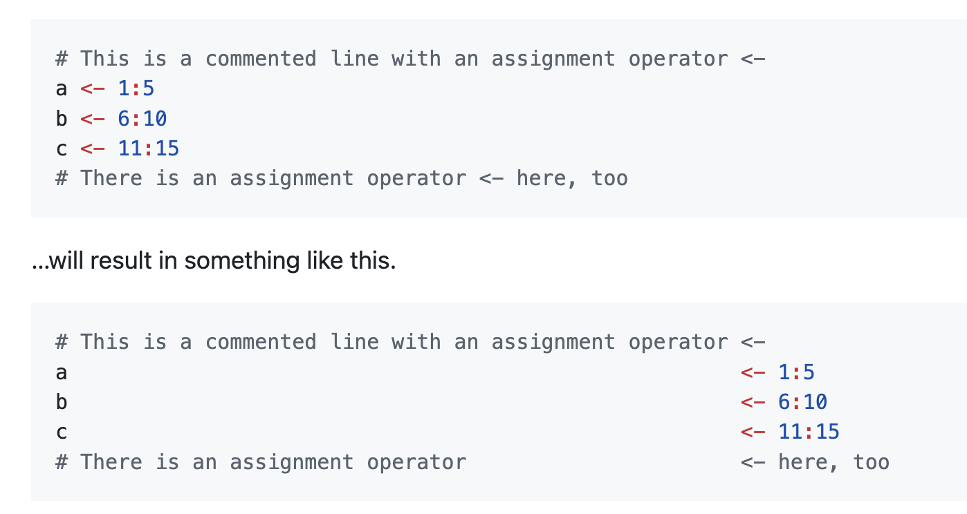 R code example showing how assignment operators are parsed. The first code block assigns sequences to variables a, b, and c using &lt;-. The second block shows that if the assignment operator <- is inside a comment, it’s treated as part of the comment, not as an actual assignment.
