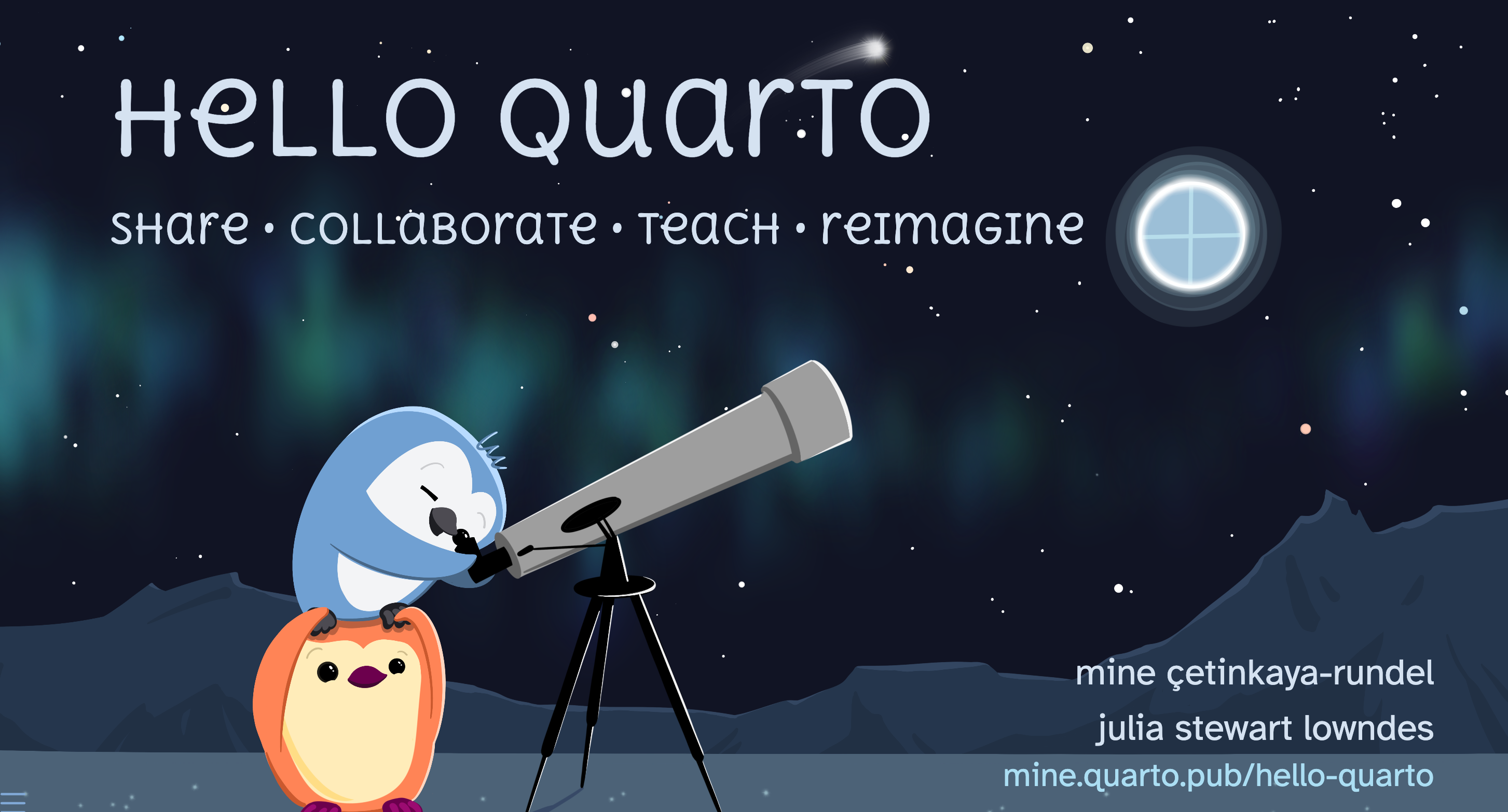 Illustration of two cartoon penguins looking through a telescope under a starry night sky with the title Hello Quarto and the words share, collaborate, teach, reimagine, along with authors mine çetinkaya-rundel and julia stewart lowndes.