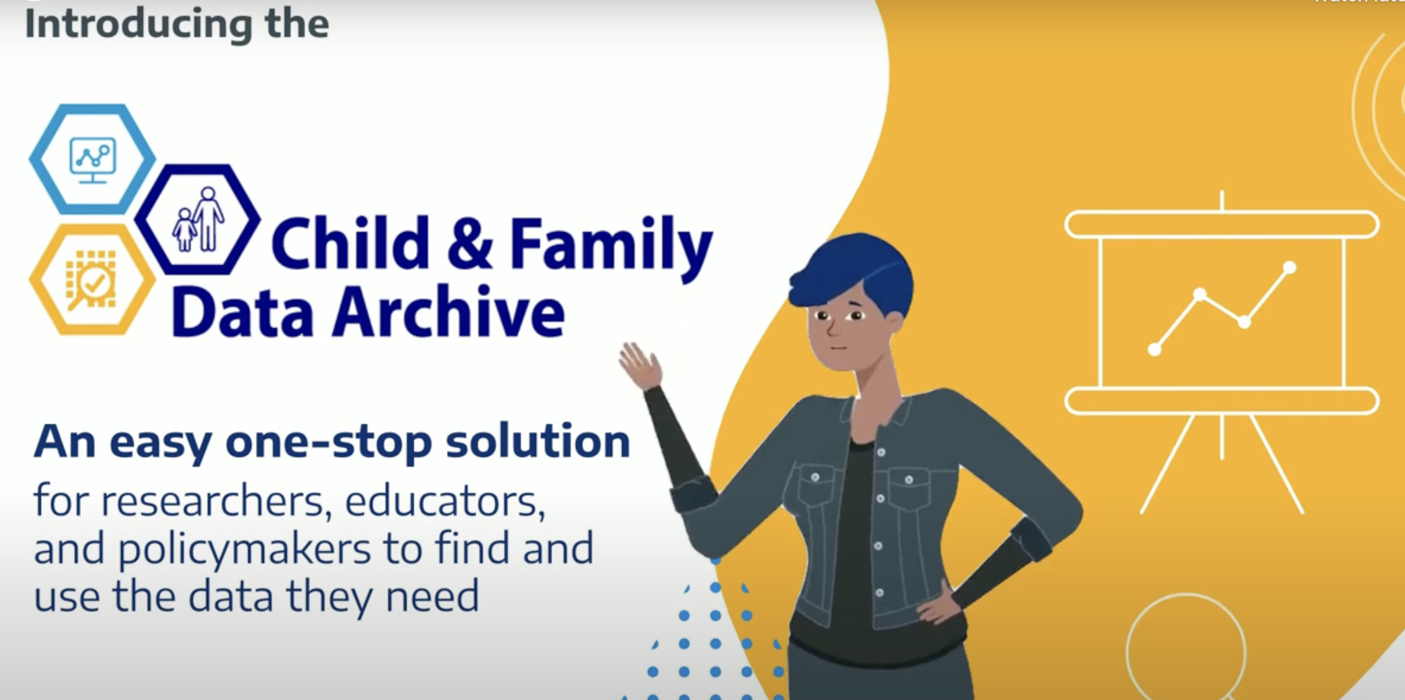 Promotional image for the “Child & Family Data Archive.” On the left, hexagon icons depict data and family-related graphics, followed by the title “Child & Family Data Archive” in bold blue text. Beneath it, the tagline reads: “An easy one-stop solution for researchers, educators, and policymakers to find and use the data they need.” On the right, a cartoon character with short blue hair and a denim jacket gestures toward a yellow background with a stylized line graph on a presentation board.