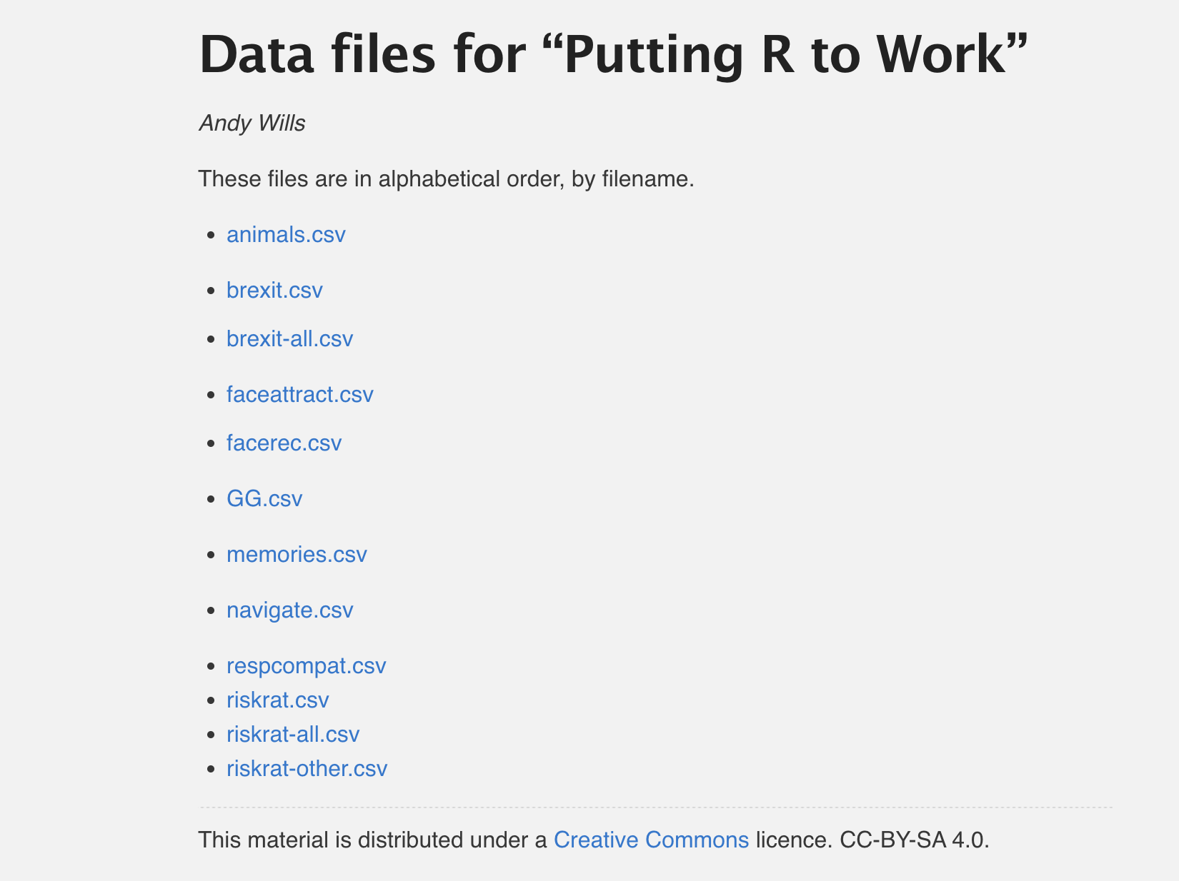 Screenshot of a webpage titled "Data files for 'Putting R to Work'" by Andy Wills. The page lists downloadable CSV data files in alphabetical order