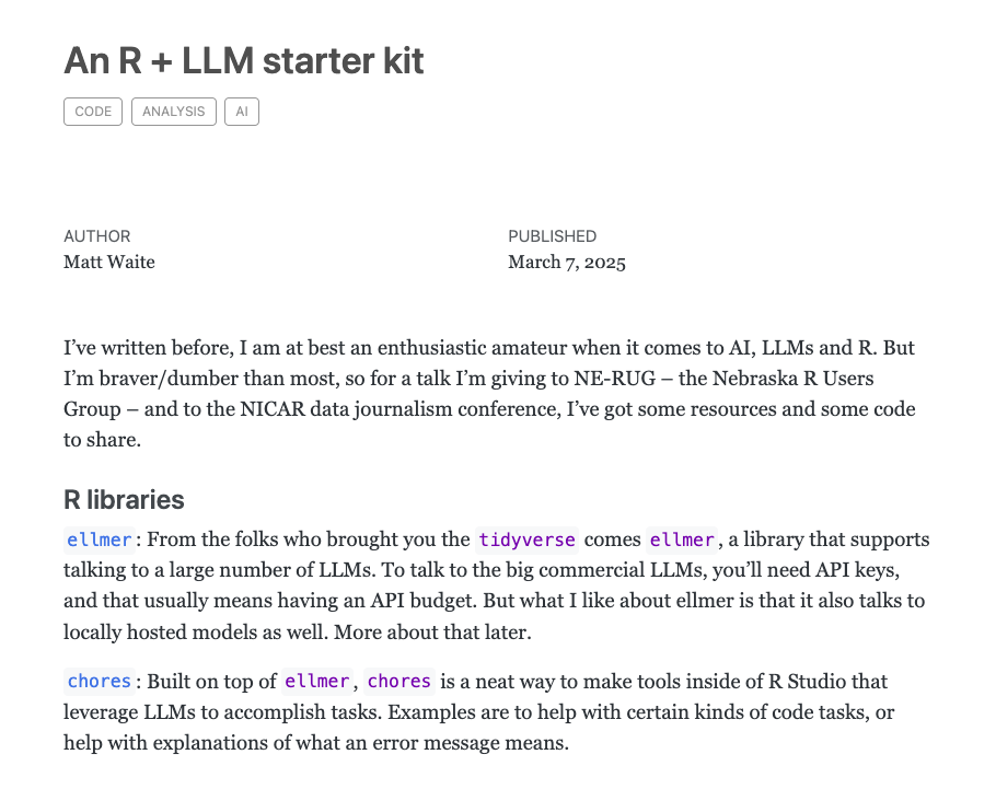 Screenshot of a blog post titled &#039;An R + LLM starter kit' by Matt Waite, published on March 7, 2025, discussing the use of R libraries like 'ellmer' and 'chores' to work with large language models (LLMs) in R, especially for tasks in data journalism and code explanation.